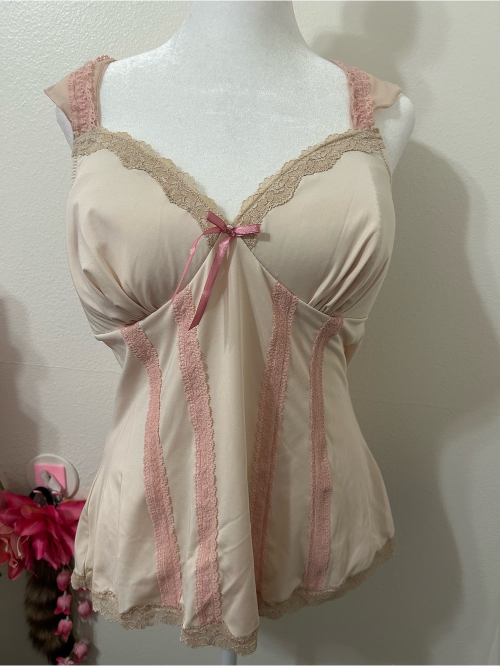 sophie b. Blush Pink and Beige Lace-Trim Satin Chemise